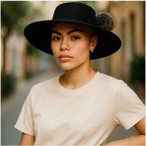 Cloche Women's Black Felt Hat with Fuzzy Pom Pom Hat Band Large Floppy Brim